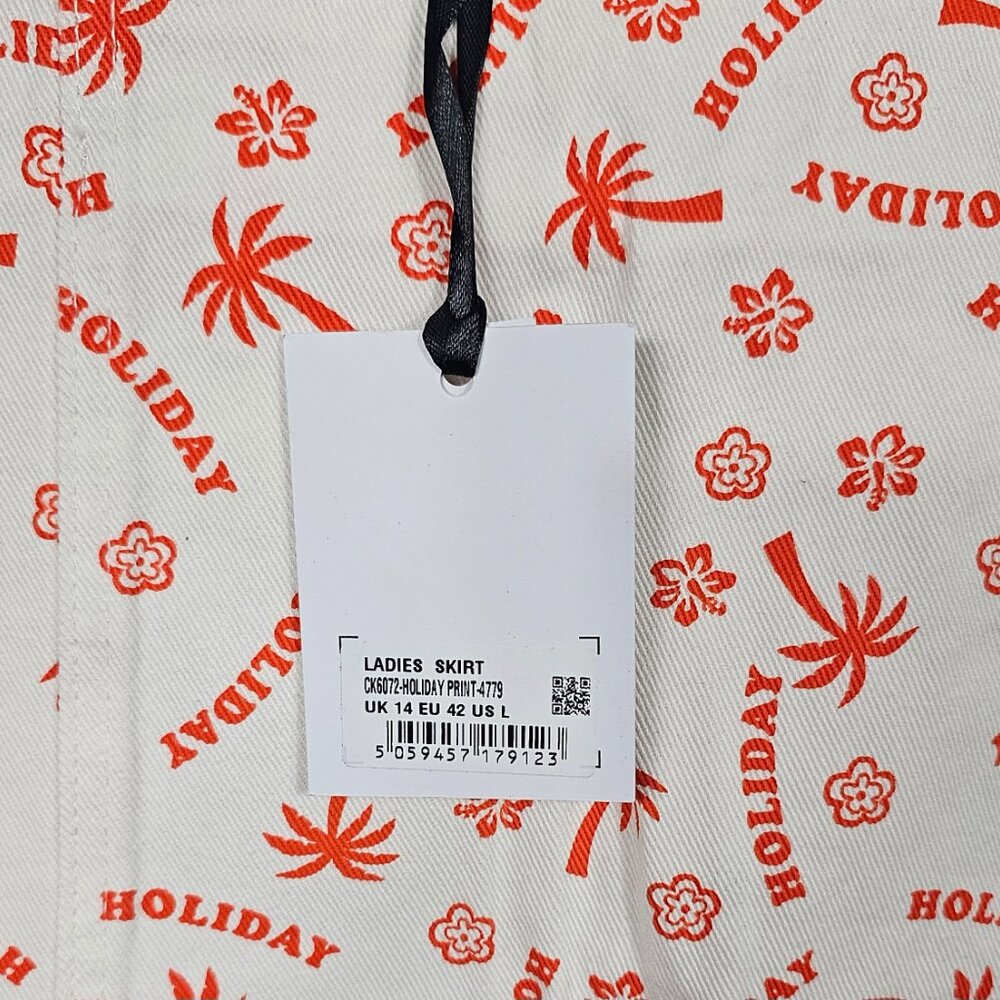 Glamorous Denim US Sz 10 Medium Holiday Print White Denim High Waist Mini Skirt - Picture 8 of 10